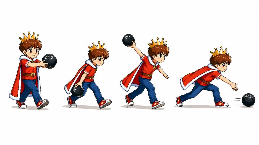 ボウリングの4歩助走｜押す→下げる→上げる→投げるの流れを解説したイラスト