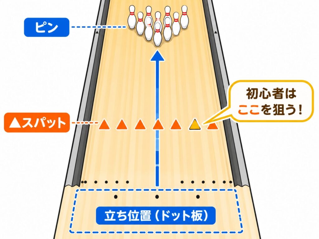 ボウリングレーンのスパット位置と立ち位置・ピンの関係を示した俯瞰図