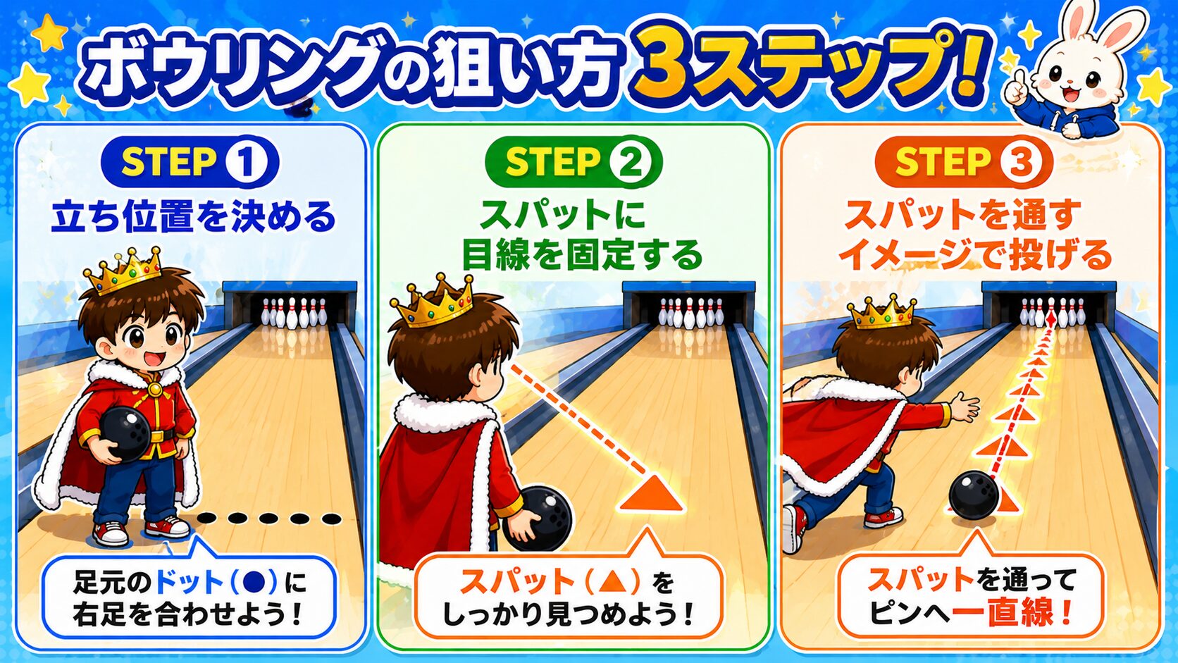 ボウリングの狙い方3ステップ図解。立ち位置→スパットに目線→スパットを通してピンへ
