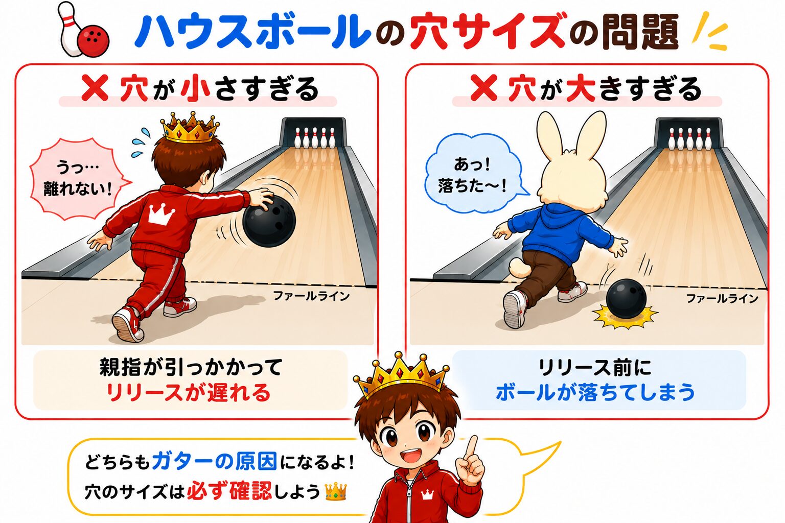 ハウスボールの穴が小さすぎて親指が引っかかるケースと大きすぎてリリース前にボールが落ちるケースの比較図解