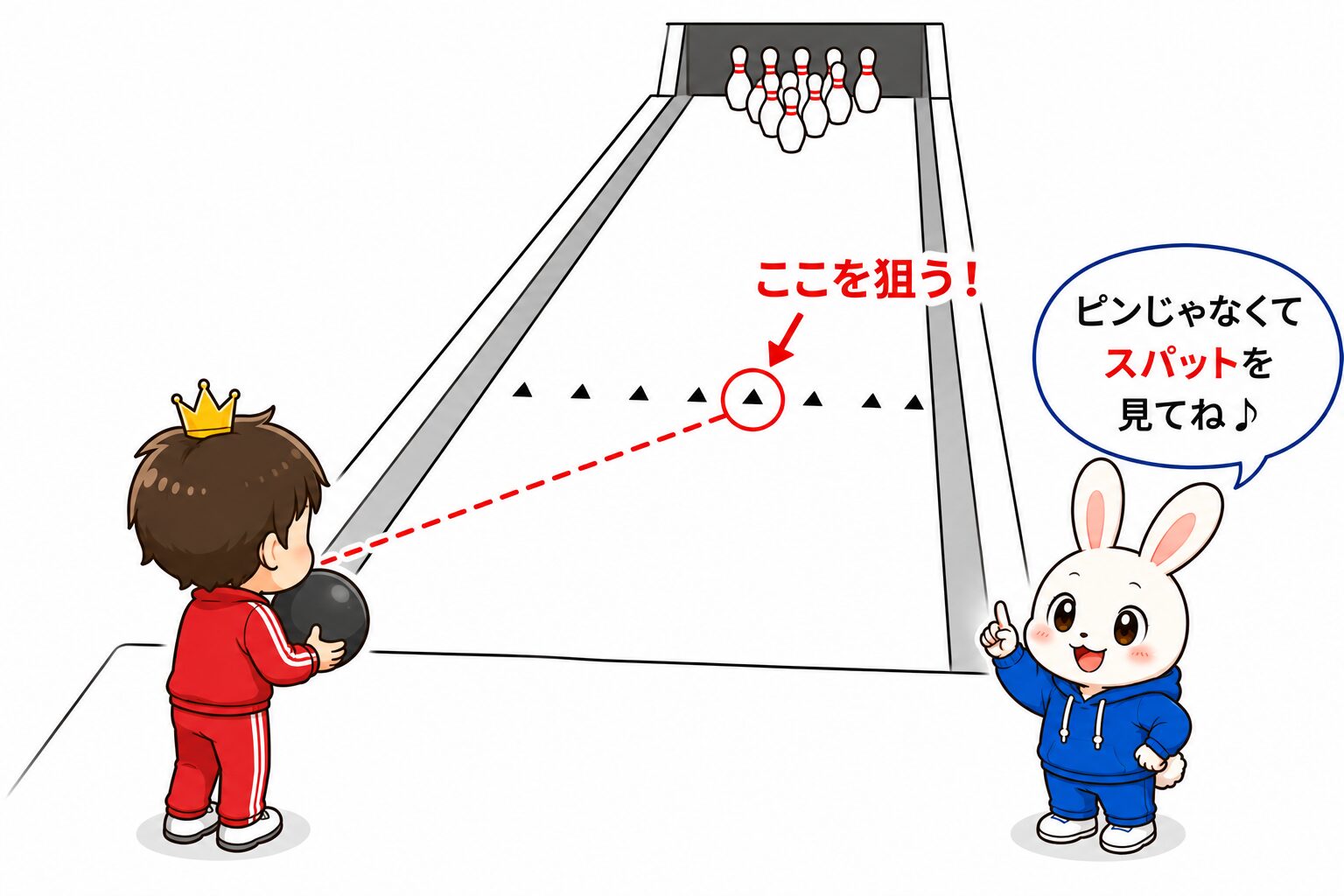 ボウリングレーンでスパット▲を狙うおーじとぴょんの図解イラスト