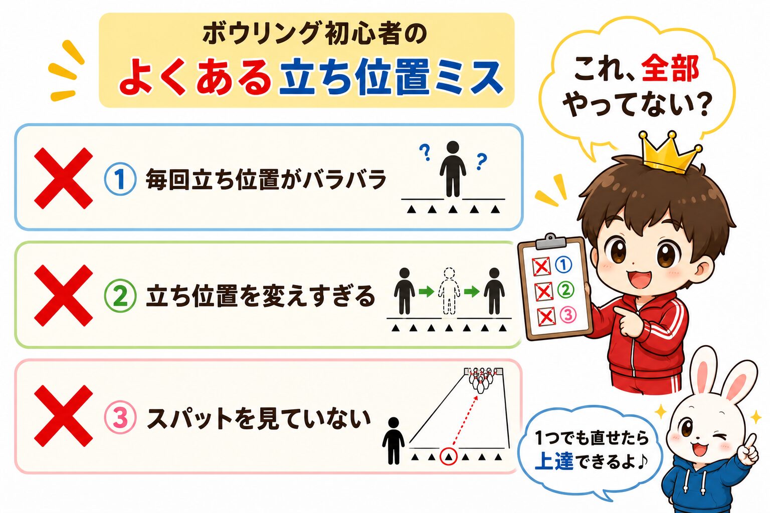 ボウリング初心者のよくある立ち位置ミス3選をまとめたチェックリスト図解