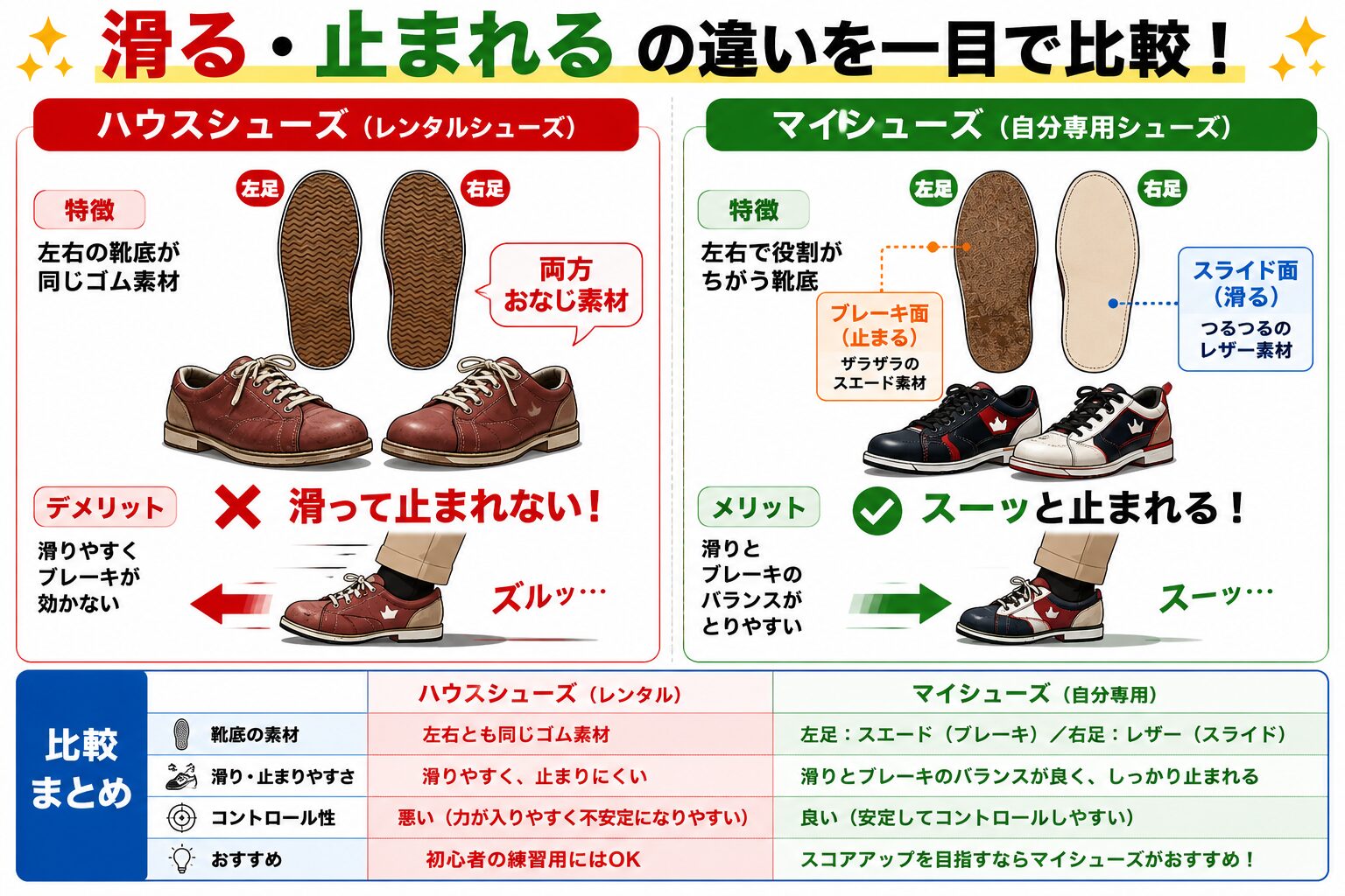 ハウスシューズとマイシューズの素材の違い比較図 ハウスシューズとマイシューズの素材の違い比較図|滑る・止まれるの違いを一目で解説